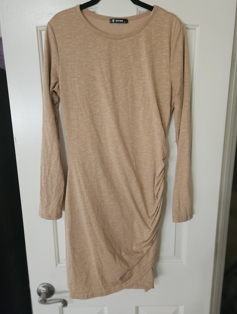 Long-Sleeve Ruched Tan Bodycon Dress
